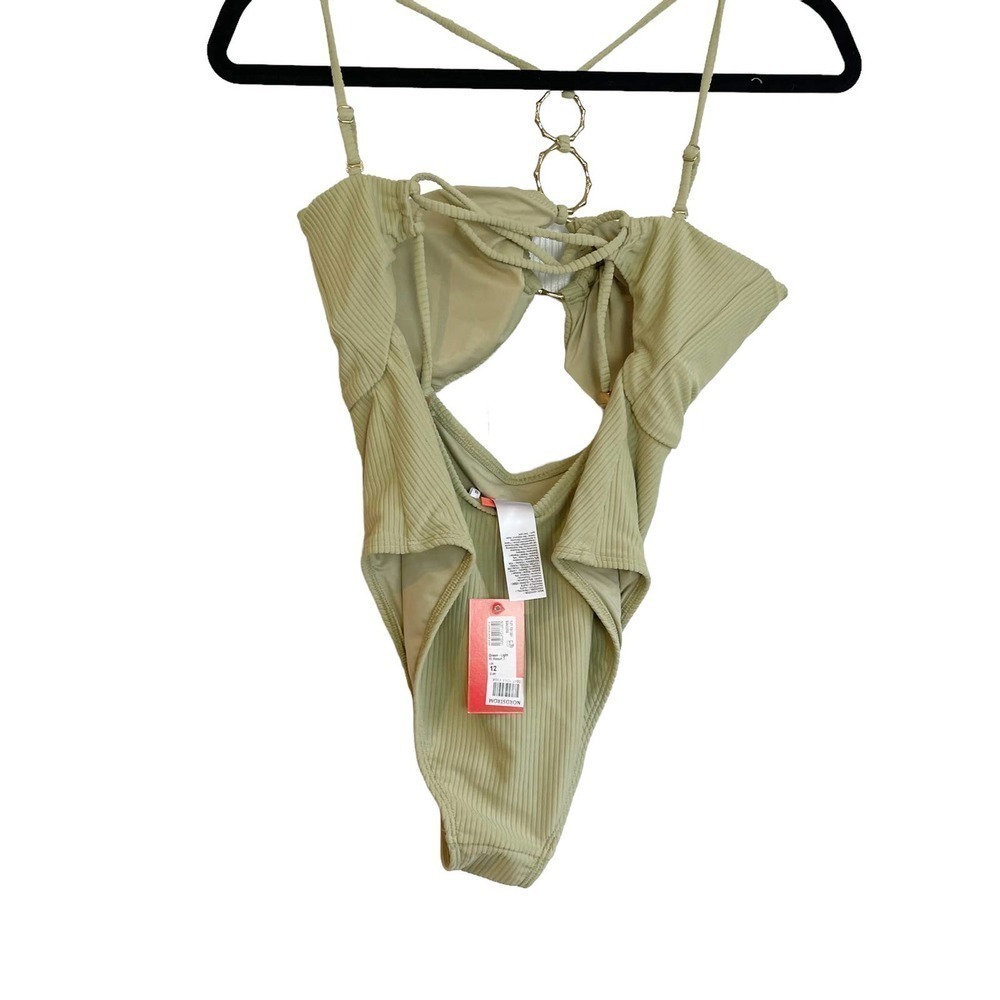 New River Island Ribbed Cut Out Swimsuit Stretch Solid Green Women's Size 8 - Picture 9 of 13